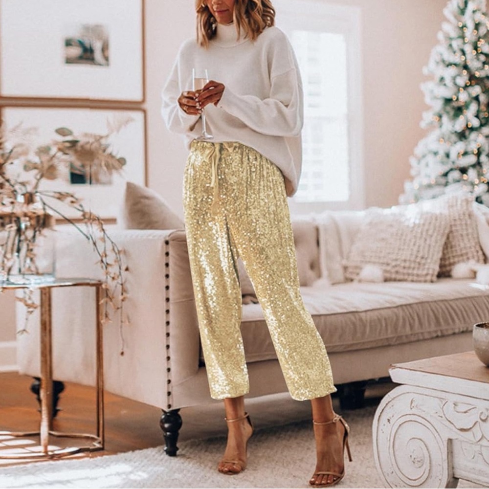 ♦️SOLD♦️EXPRESS Sequined Pleated High Rise Cropped Wide Leg Trousers Pants Sz M - Picture 15 of 16